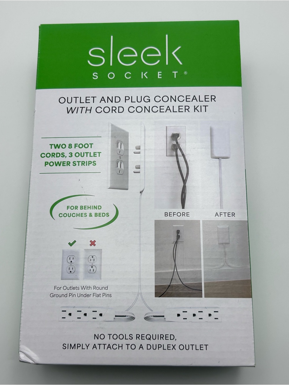 Sleek Socket Ultra-Thin Plug Concealer 8 ft 3 Outlet White Cord Concealer Kit